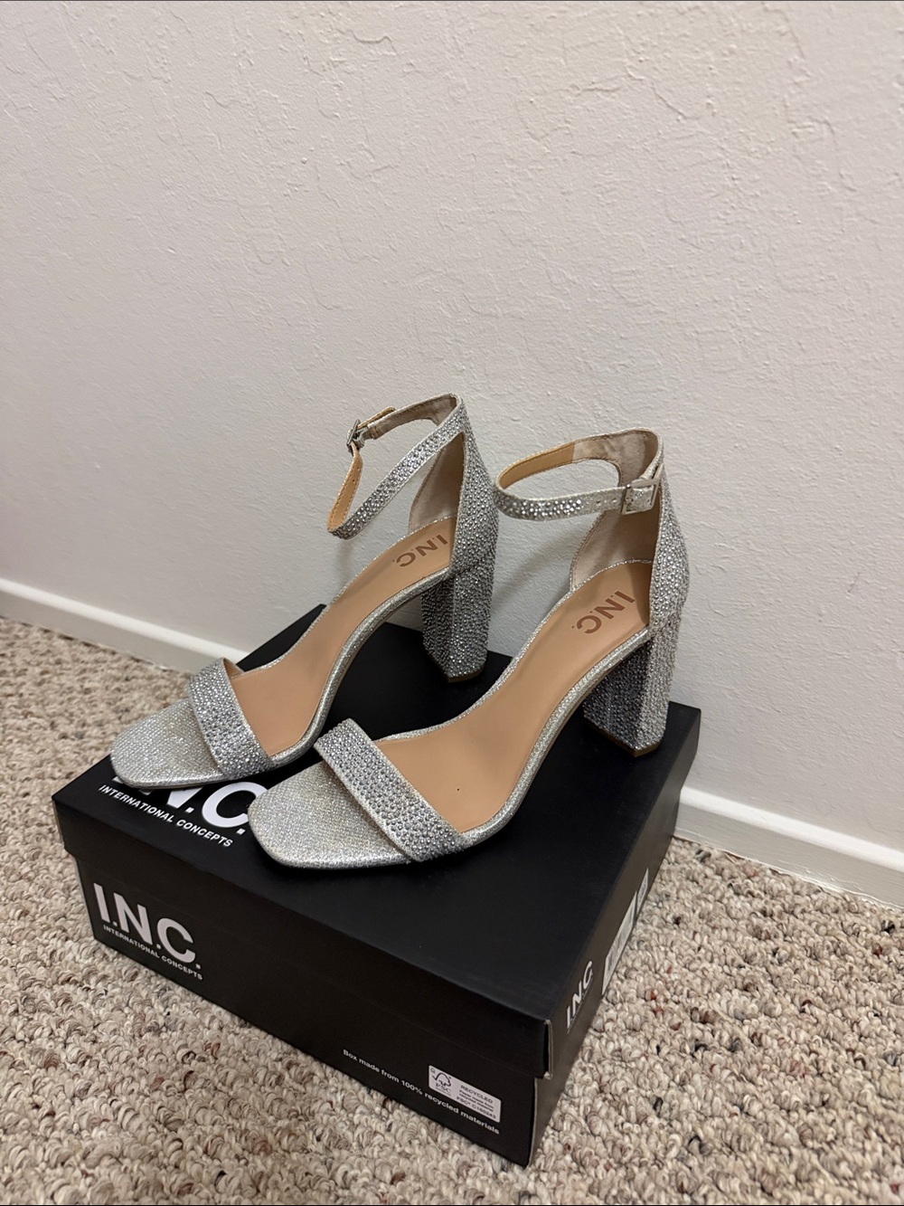 INC International Concepts Silver Glitter Block Heel Sandals with Ankle Strap